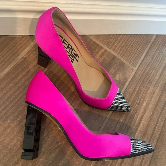 SERGIO ROSSI Super Heel Crystal-Embellished Neon Bright Pink Satin Pumps 34 4 - Picture 5 of 10